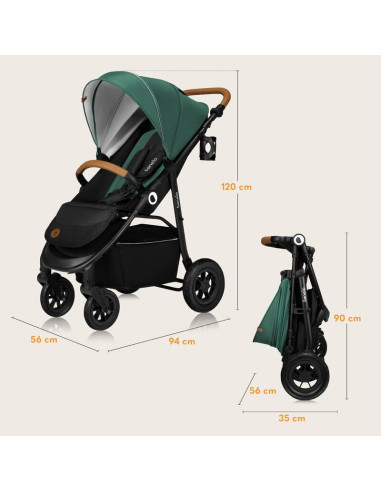 BN-LO-NATT_GREEN_EMERALD,Carucior sport, Lionelo, Natt, De la nastere, Cu accesorii si capotina XXL reglabila, 0 - 22 kg, Confor