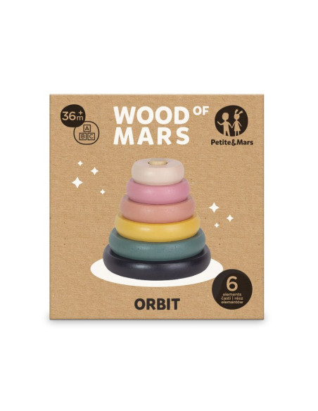 BN-610728,Jucarie de stivuire, Petite&Mars, Turn Orbit Wood of Mars, 10 cm, 36 luni+, Multicolor