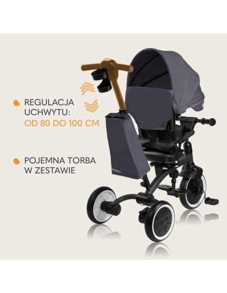 BN-LO-TRIS_PLUS_GREY_STONE,Tricicleta copii, Lionelo, Tris Plus, Ultrapliabila, Multifunctionala, Pana la 25 kg, Inclinare spata