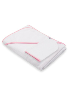 BN-56252,Set prosop cu gluga si manusa baie, New Baby, Dimensiune mare 100 x 100 cm, Basic, White-pink