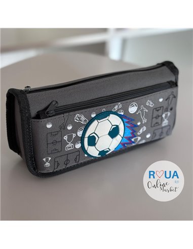Penar etui dreptungiular cu 2 fermoare, Motiv fotball, Gri