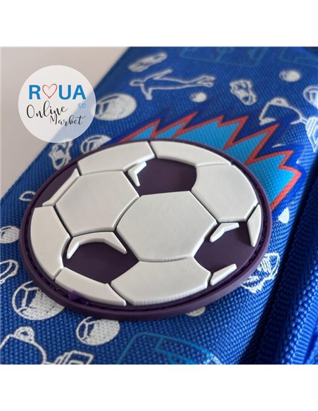 Penar etui dreptungiular cu 2 fermoare, Motiv fotball, Albastru