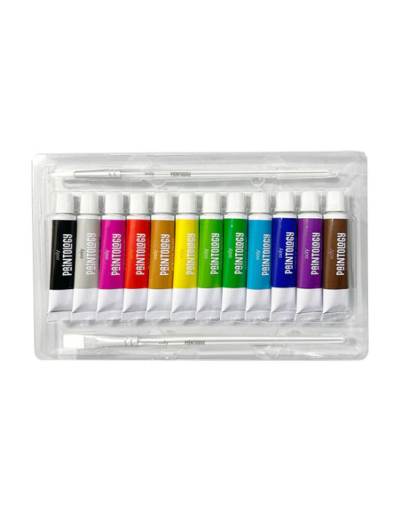 126-028,Set vopsele acrilice Paintology, 12 culori clasice si 2 pensule