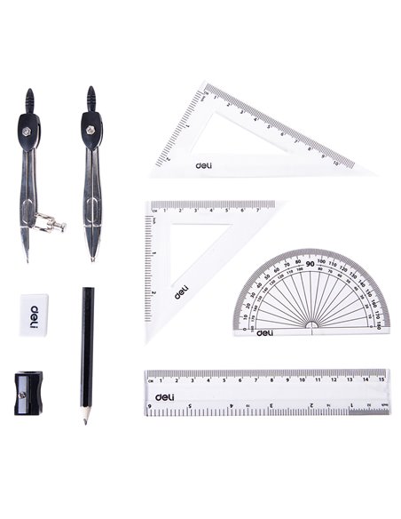 Trusa geometrie Deli DLEG30695, 9 piese, cutie metalica