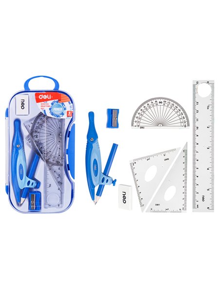 Trusa geometrie Deli DLEG30204, 7 piese, cutie plastic, Albastru