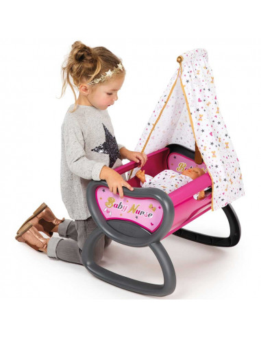 Leagan pentru papusa Smoby Baby Nurse roz gri cu