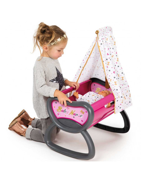 Leagan pentru papusa Smoby Baby Nurse roz gri cu