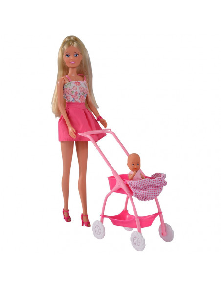 Papusa Simba Steffi Love Baby Walk 29 cm roz cu carucior si