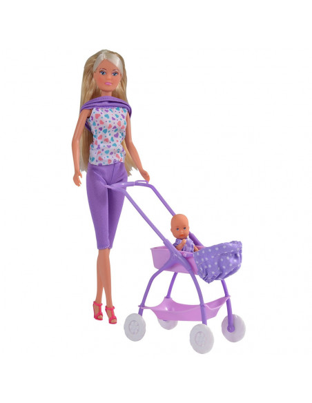 Papusa Simba Steffi Love Baby Walk 29 cm mov cu carucior si