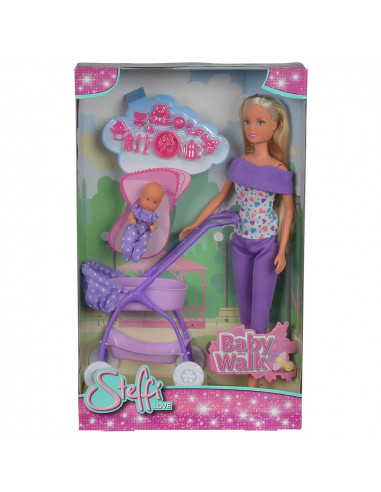 Papusa Simba Steffi Love Baby Walk 29 cm mov cu carucior si