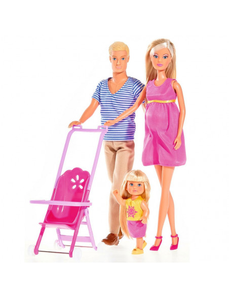 Set Simba papusi Steffi Love Happy Family cu 3 papusi, carucior