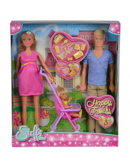 Set Simba papusi Steffi Love Happy Family cu 3 papusi, carucior
