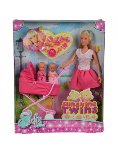 Papusa Simba Steffi Love Sunshine Twins 29 cm roz cu carucior