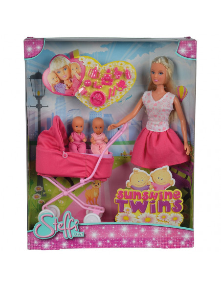 Papusa Simba Steffi Love Sunshine Twins 29 cm roz cu carucior