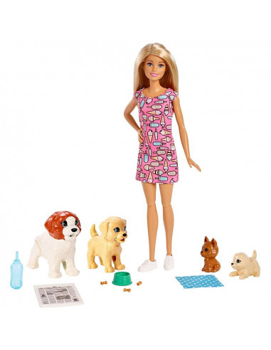 Set Barbie by Mattel Family papusa cu 4 catelusi si