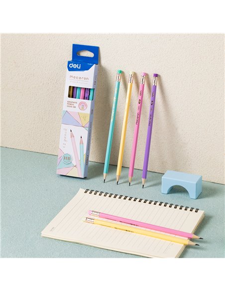 Creion grafit cu guma Deli DLEC025HB, Motiv macarons