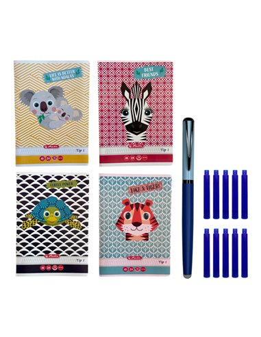 Set stilou metalic albastru cu varf fin 0.38 mm + rezerve termosensibile + 4 caiete tip I Herlitz