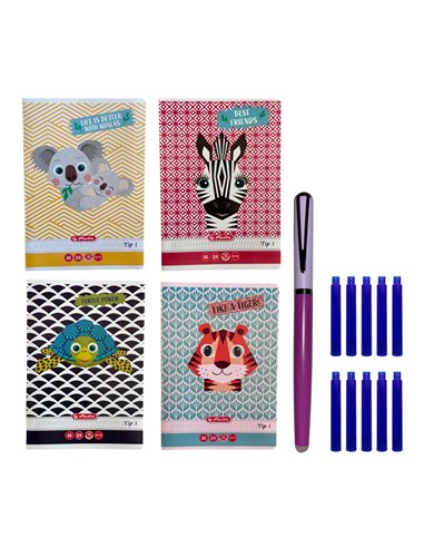 Set stilou metalic roz cu varf fin 0.38 mm + rezerve termosensibile + 4 caiete tip I Herlitz