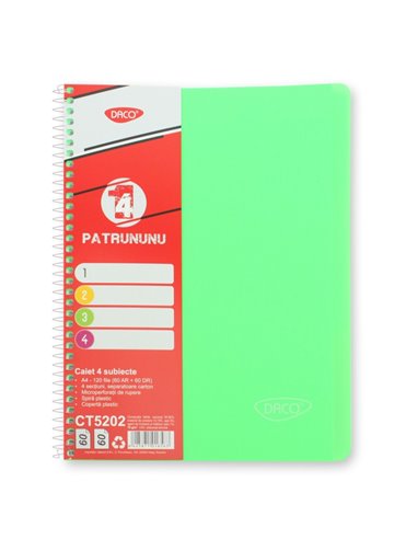 Caiet A4 cu spira, 120 file, 4 subiecte DACO CT5202, 65 g/mp, coperta plastic, Verde