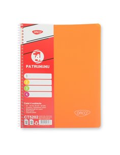 Caiet A4 cu spira, 120 file, 4 subiecte DACO CT5202, 65 g/mp, coperta plastic, Portocaliu