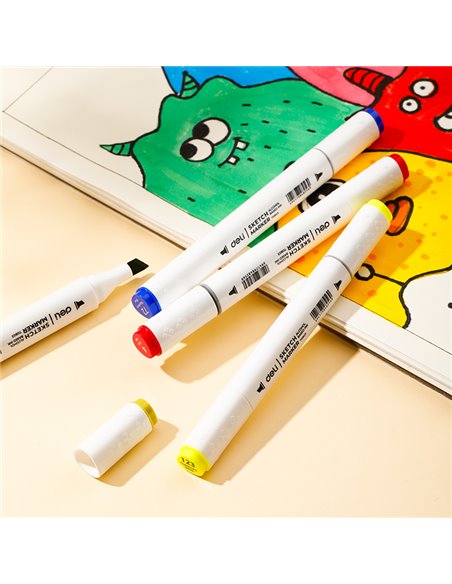 Set 80 markere sketching varf dublu rotund Deli DLE70803-12, cutie plastic