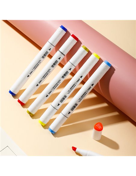 Set 80 markere sketching varf dublu rotund Deli DLE70803-12, cutie plastic
