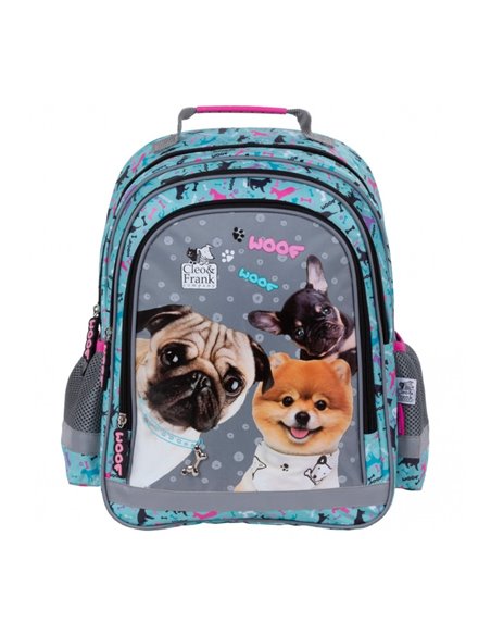 Ghiozdan scoala Cleo & Frank 28, 3 compartimente, Motiv woof 