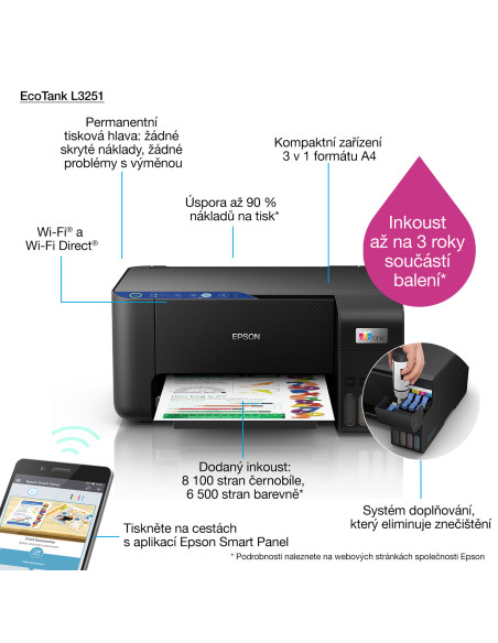 Imprimanta multifunctionala Inkjet Color Epson EcoTank L3251, Negru