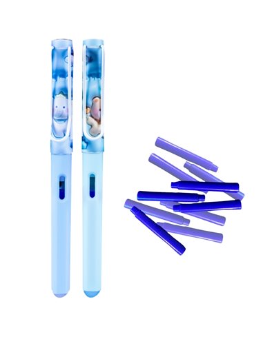 Set stilouri cu cerneala termosensibila si penita ascunsa + Rezerve, Motiv animals, Albastru/Verde