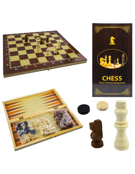 ROB-S3037,Joc 3 in 1: sah, table, dame! Cutie lemn, 29.5x14.5 cm