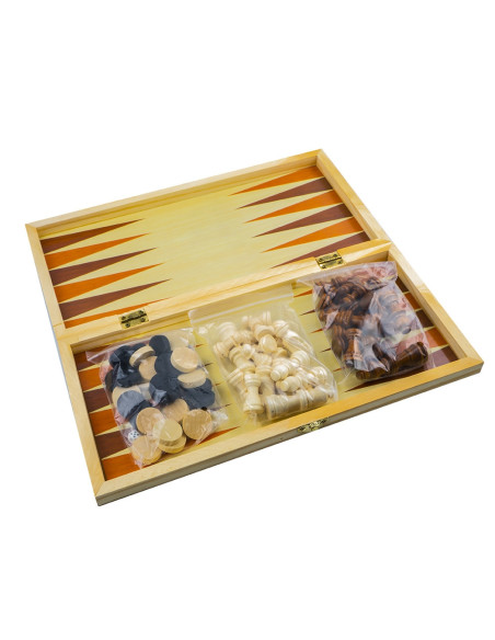 ROB-S3037,Joc 3 in 1: sah, table, dame! Cutie lemn, 29.5x14.5 cm