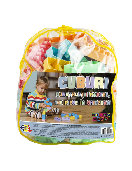 ROB-16132,Cuburi constructii, pastel, 136 piese/ghiozdan - ROBENTOYS