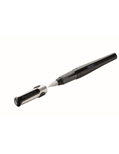 824477,Stilou pelikano, penita m, grip ergonomic, pentru dreptaci, 1 patron mare albastru inclus, culoare negru, in cutie de car