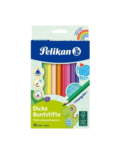 Creioane Colorate Pelikan Triunghiulare Groase, Set 12, Varf 40 mm