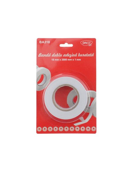 Banda adeziva buretata dubla Daco BA318, 1.8 mm x 20 M Banda adeziva buretata dubla Daco BA318, 1.8 mm x 20 M