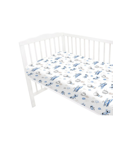 BN-6426972025546,Cearceaf cu elastic, MimiNu, Pentru patut 120X60 cm, Din bumbac certificat Oeko Tex Standard 100, Blue Plane