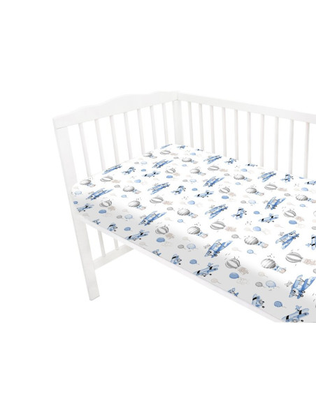BN-6426972025546,Cearceaf cu elastic, MimiNu, Pentru patut 120X60 cm, Din bumbac certificat Oeko Tex Standard 100, Blue Plane