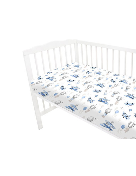 BN-6426972025553,Cearceaf cu elastic, MimiNu, Pentru patut 140X70 cm, Din bumbac certificat Oeko Tex Standard 100, Blue Plane