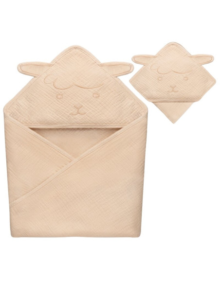 BN-LO-MUSLIN_HOODED_TOWEL_BEIGE_SAND,Prosop de baie, Lionelo, Cu gluga, Din muselina, 100% bumbac, 80x80 cm, Absorbtie eficienta