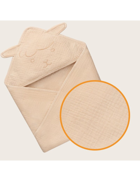 BN-LO-MUSLIN_HOODED_TOWEL_BEIGE_SAND,Prosop de baie, Lionelo, Cu gluga, Din muselina, 100% bumbac, 80x80 cm, Absorbtie eficienta