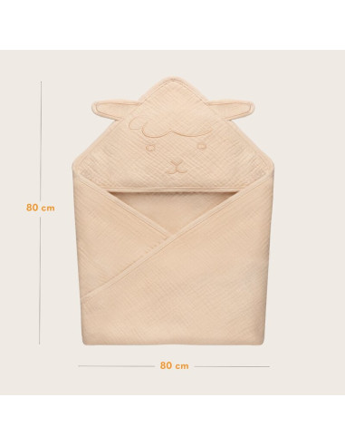 BN-LO-MUSLIN_HOODED_TOWEL_BEIGE_SAND,Prosop de baie, Lionelo, Cu gluga, Din muselina, 100% bumbac, 80x80 cm, Absorbtie eficienta