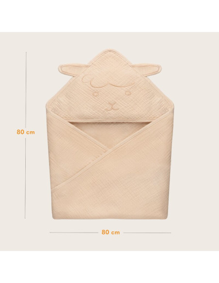 BN-LO-MUSLIN_HOODED_TOWEL_BEIGE_SAND,Prosop de baie, Lionelo, Cu gluga, Din muselina, 100% bumbac, 80x80 cm, Absorbtie eficienta