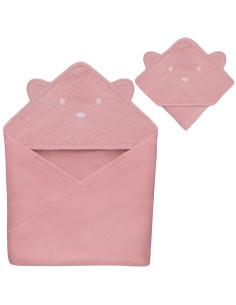 BN-LO-MUSLIN_HOODED_TOWEL_PINK_BABY,Prosop de baie, Lionelo, Cu gluga, Din muselina, 100% bumbac, 80x80 cm, Absorbtie eficienta, 2