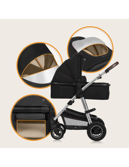 BN-LO-AMBER_2IN1_BLACK_SILVER,Carucior 2 in 1, Lionelo, Amber, Cadru aluminiu, Cu landou intarit si salteluta moale, Reversibil,