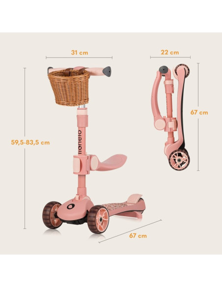 BN-LO-FRANKY_PINK_ROSE,Trotineta, Lionelo, Franky, Multifunctionala, Pliabila, Pana la 50 kg, Bicicleta cu 3 roti si trotineta d