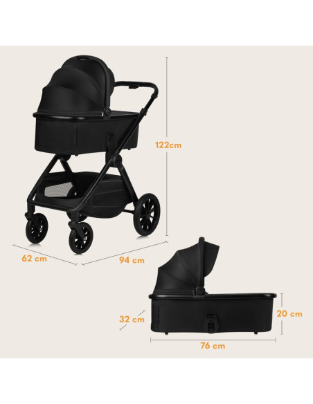 BN-LO-LAYLA_2IN1_BLACK_ONYX,Carucior 2 in 1, Lionelo, Layla, Pana la 22 kg, Cadru aluminiu, Cu landou intarit si salteluta din s