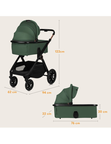 BN-LO-LAYLA_2IN1_GREEN_FOREST,Carucior 2 in 1, Lionelo, Layla, Pana la 22 kg, Cadru aluminiu, Cu landou intarit si salteluta din