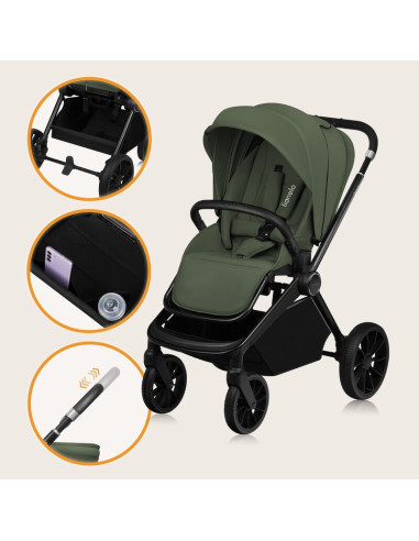BN-LO-MIKA_PLUS_2IN1_GREEN_OLIVE,Carucior 2 in 1, Lionelo, Mika Plus, Cadru din aluminiu, Cu landou intarit si salteluta moale, 