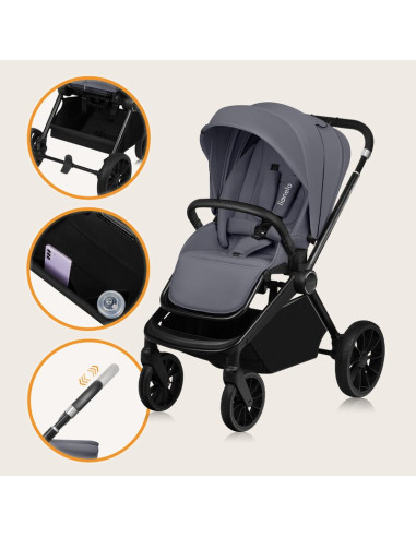 BN-LO-MIKA_PLUS_2IN1_GREY_STONE,Carucior 2 in 1, Lionelo, Mika Plus, Cadru din aluminiu, Cu landou intarit si salteluta moale, R