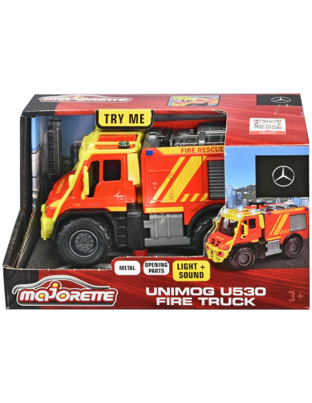 S213712003038,Masina de pompieri Majorette Mercedes Unimog U530 Fire Truck 13 cm cu lumini si sunete